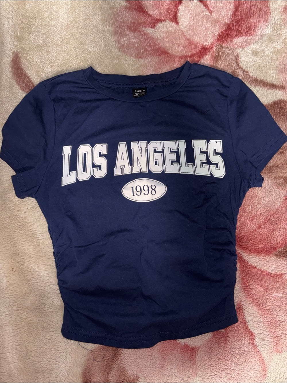 SHEIN Navy Blue Graphic Tee with White Collegiate Print